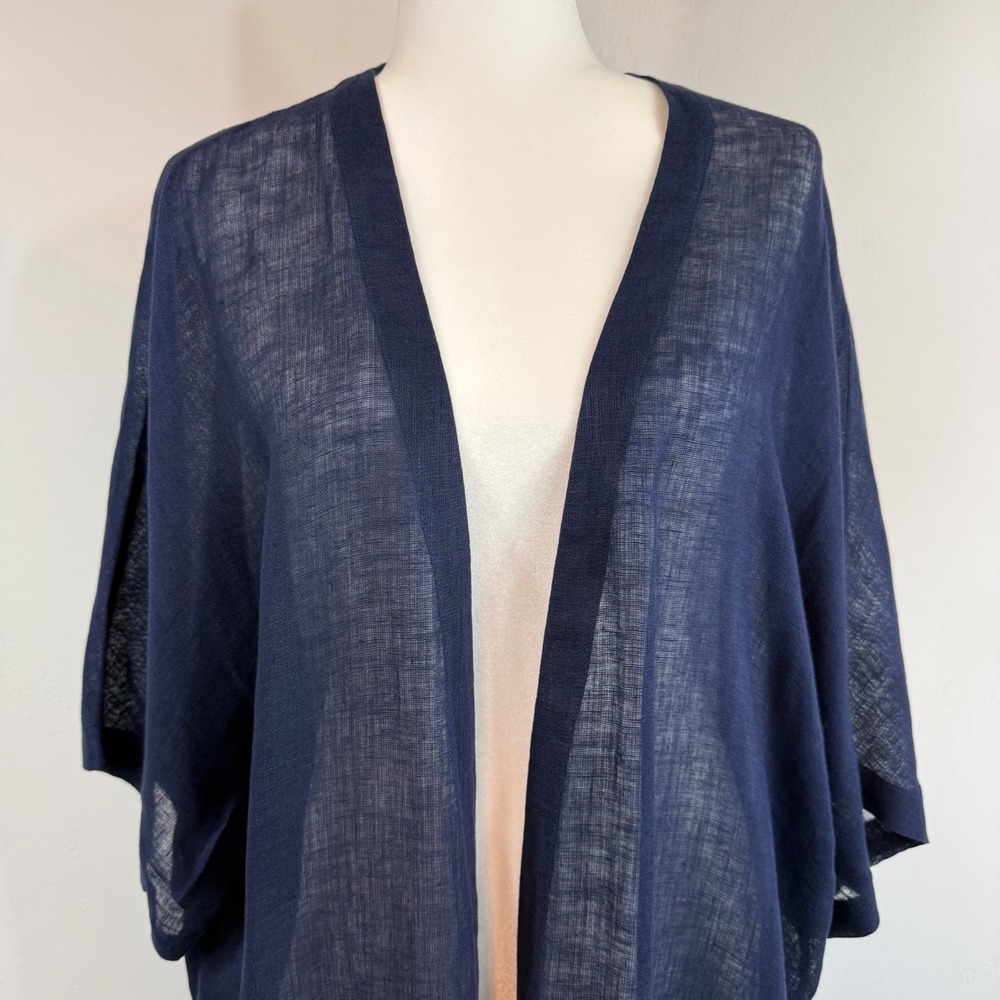 Soft Surroundings Linen Kimono Cardigan Large Navy Sheer Coastal Lagenlook Boho - Picture 4 of 13